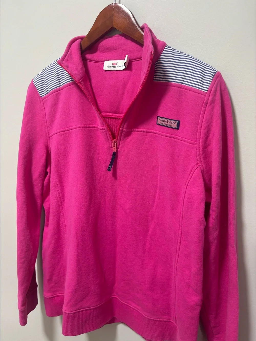 Vineyard Vines 100% Cotton Hot Pink Quarter Zip with Navy White Stripes M